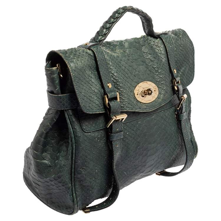Pre Owned Mulberry Dark Teal Green Python Embossed Leather Oversized Alexa Satchel