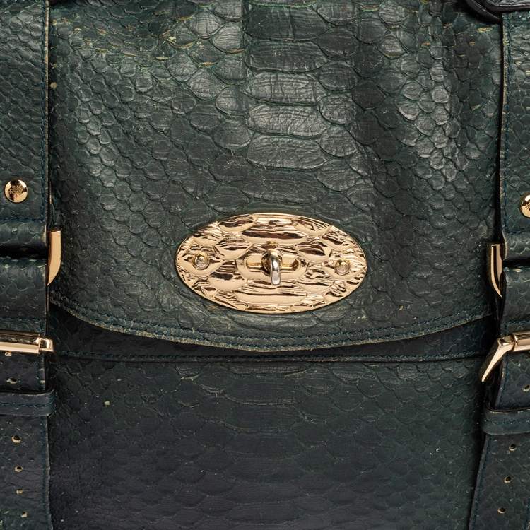 Pre Owned Mulberry Dark Teal Green Python Embossed Leather Oversized Alexa Satchel