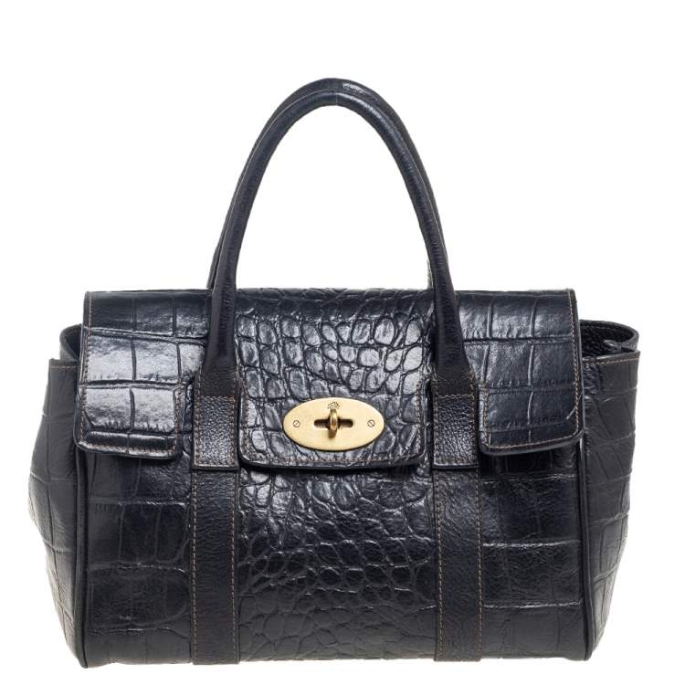 Pre Owned Mulberry Black Croc Embossed Leather Bayswater Satchel
