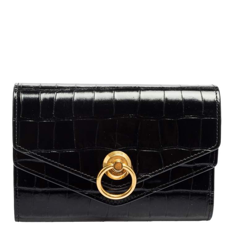 مملوكة مسبقًا Mulberry Black Croc Embossed Glazed Leather Harlow Compact Wallet