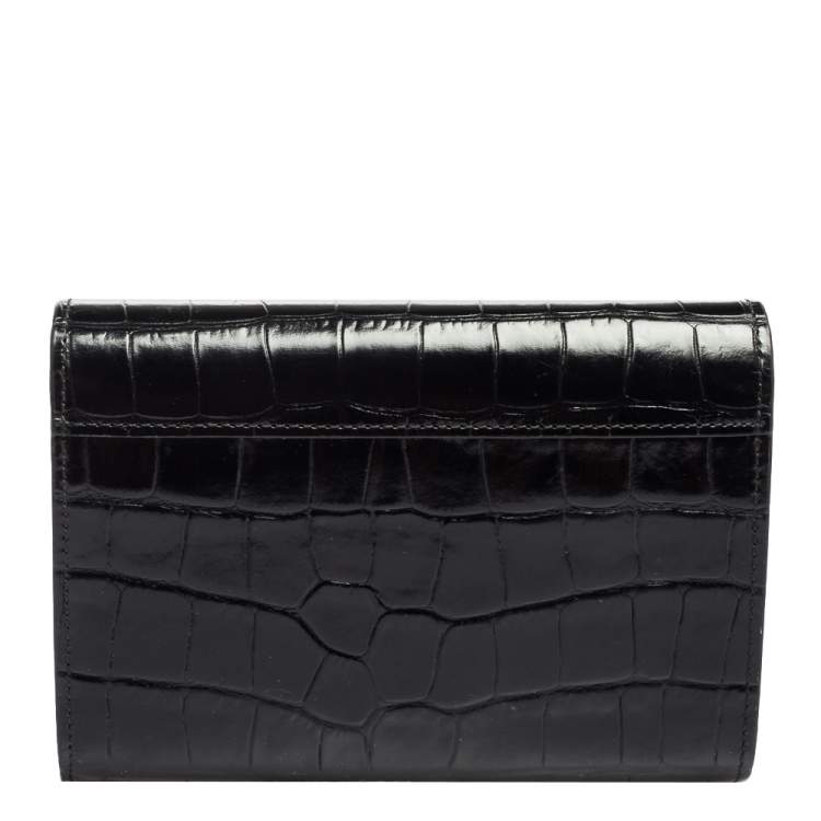 مملوكة مسبقًا Mulberry Black Croc Embossed Glazed Leather Harlow Compact Wallet