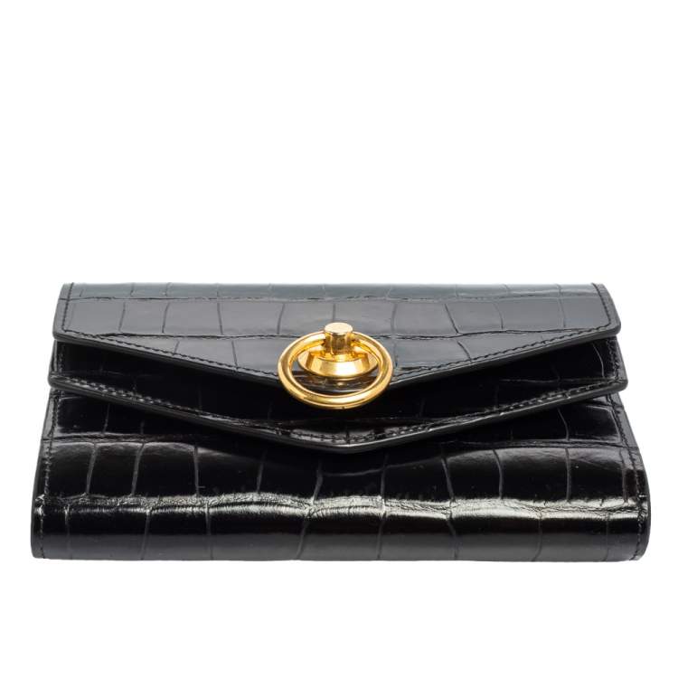 مملوكة مسبقًا Mulberry Black Croc Embossed Glazed Leather Harlow Compact Wallet