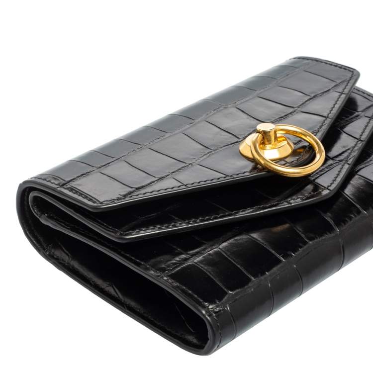 مملوكة مسبقًا Mulberry Black Croc Embossed Glazed Leather Harlow Compact Wallet