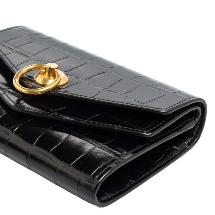 مملوكة مسبقًا Mulberry Black Croc Embossed Glazed Leather Harlow Compact Wallet