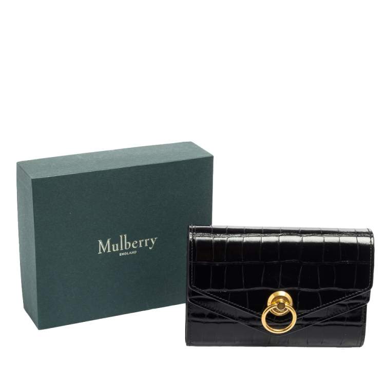 مملوكة مسبقًا Mulberry Black Croc Embossed Glazed Leather Harlow Compact Wallet