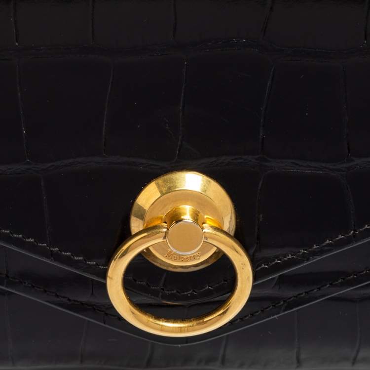 مملوكة مسبقًا Mulberry Black Croc Embossed Glazed Leather Harlow Compact Wallet