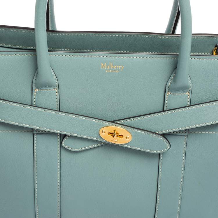 Pre Owned Mulberry Pale Blue Leather Small Zipped Bayswater Tote