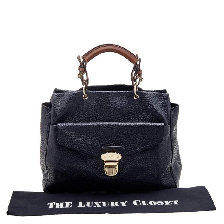 مملوكة مسبقًا Mulberry Navy Blue/Brown Grained Leather Polly Push Lock Satchel