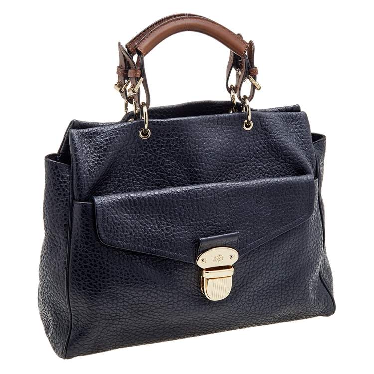 مملوكة مسبقًا Mulberry Navy Blue/Brown Grained Leather Polly Push Lock Satchel