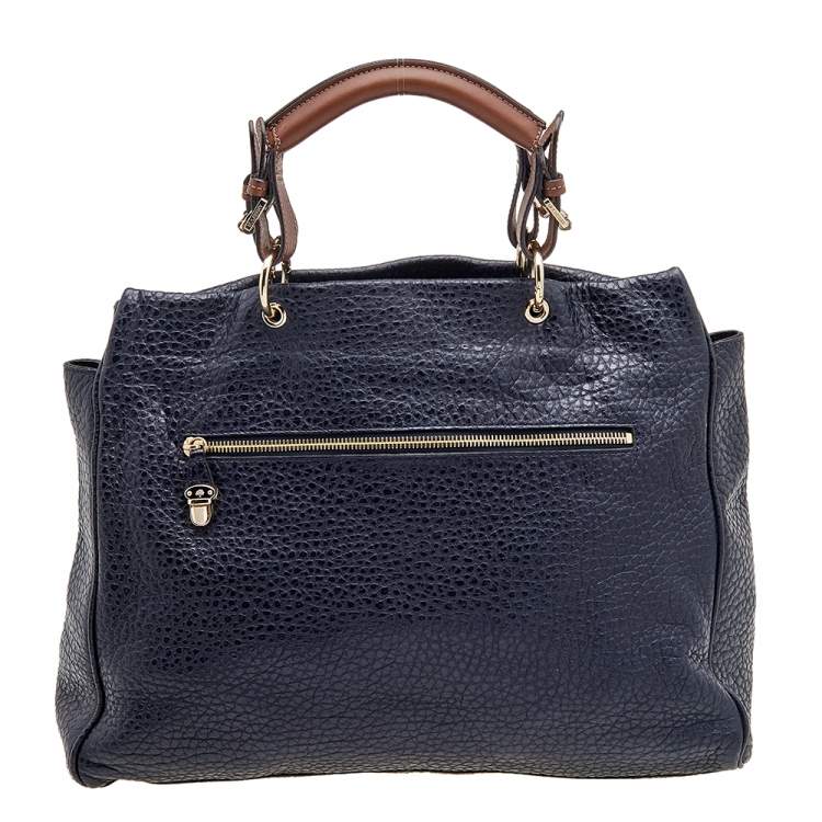 مملوكة مسبقًا Mulberry Navy Blue/Brown Grained Leather Polly Push Lock Satchel