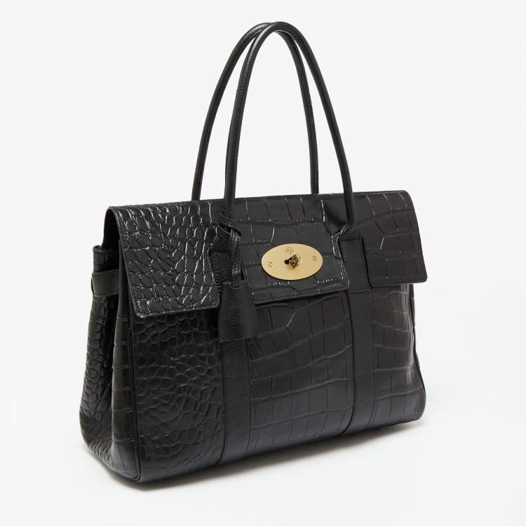 Pre Owned Mulberry Black Croc Embossed Leather Bayswater Satchel