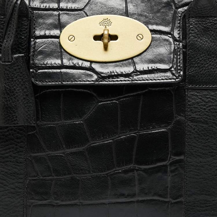 Pre Owned Mulberry Black Croc Embossed Leather Bayswater Satchel
