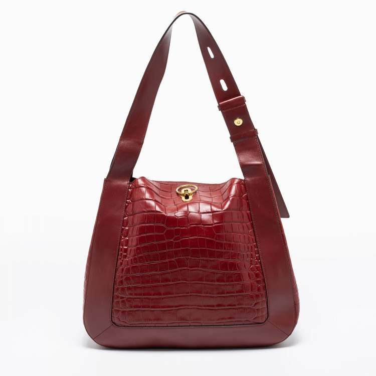 Pre Owned Mulberry Burgundy Croc Embossed Leather Marloes Hobo   