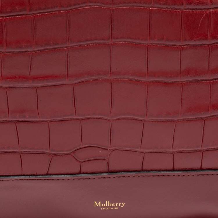 Pre Owned Mulberry Burgundy Croc Embossed Leather Marloes Hobo   