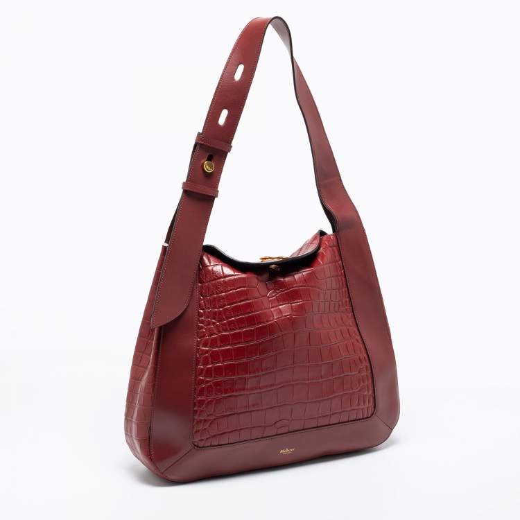 Pre Owned Mulberry Burgundy Croc Embossed Leather Marloes Hobo   