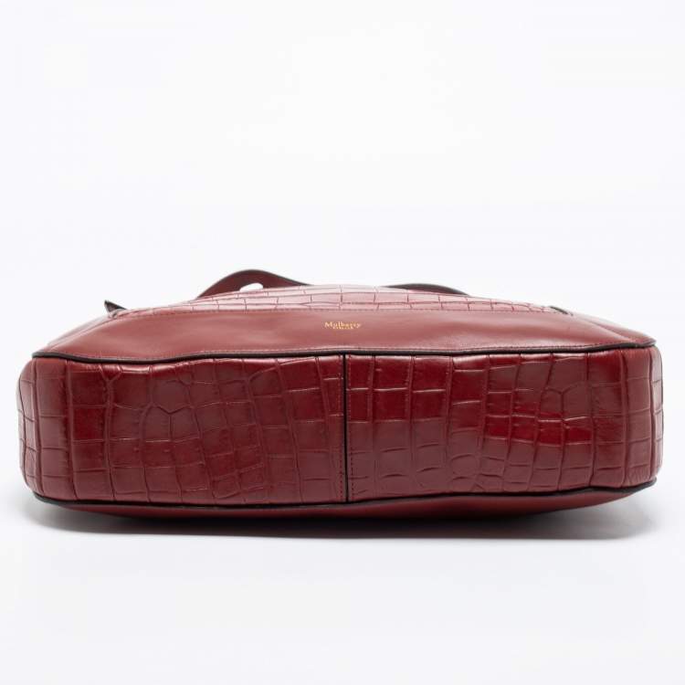 Pre Owned Mulberry Burgundy Croc Embossed Leather Marloes Hobo   