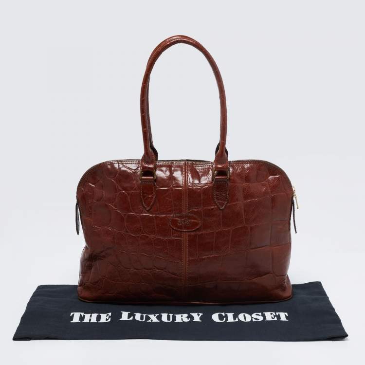 Pre Owned Mulberry Brown Croc Embossed Leather Bolide Satchel