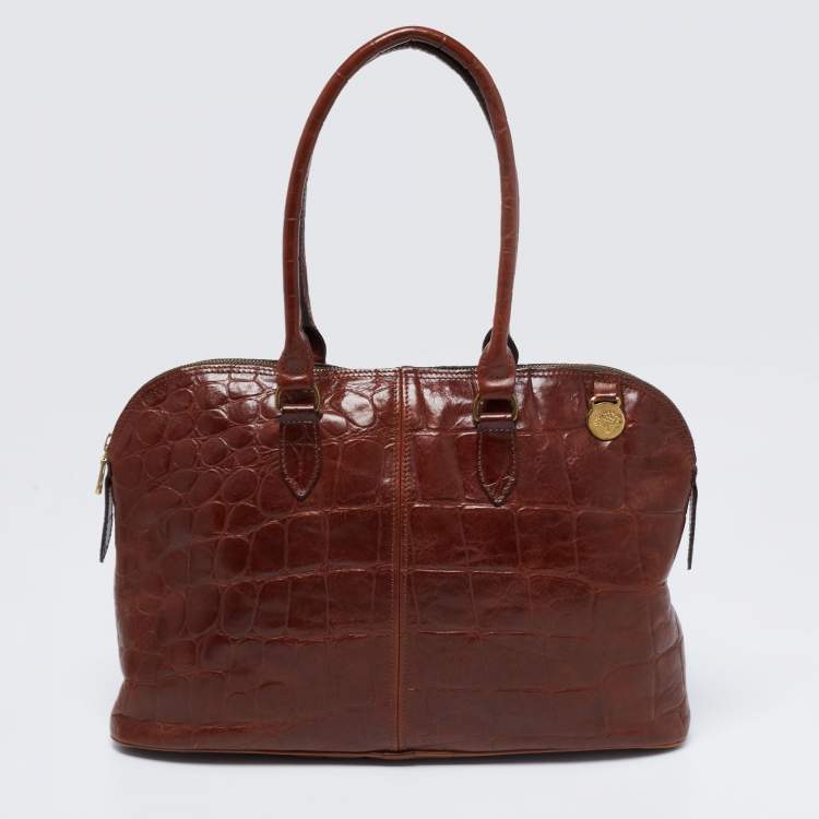 Pre Owned Mulberry Brown Croc Embossed Leather Bolide Satchel