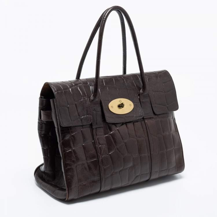 Pre Owned Mulberry Brown Croc Embossed Leather Bayswater Satchel