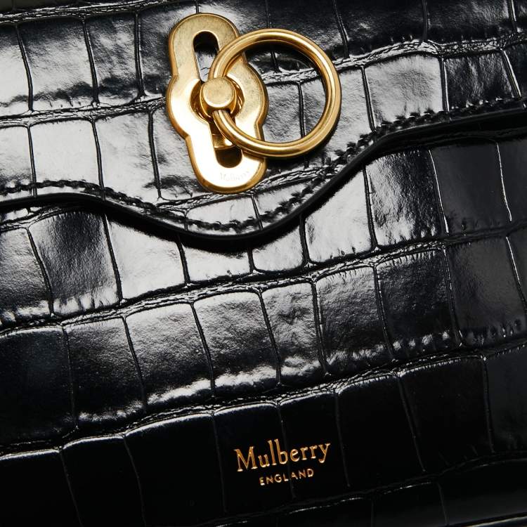 Pre Owned Mulberry Black Croc Embossed Leather Micro Seaton Top Handle Bag