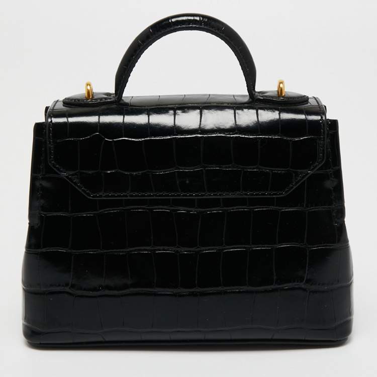 Pre Owned Mulberry Black Croc Embossed Leather Micro Seaton Top Handle Bag