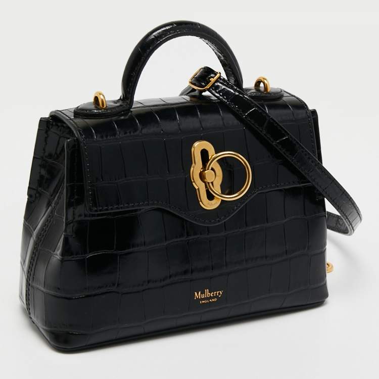 Pre Owned Mulberry Black Croc Embossed Leather Micro Seaton Top Handle Bag