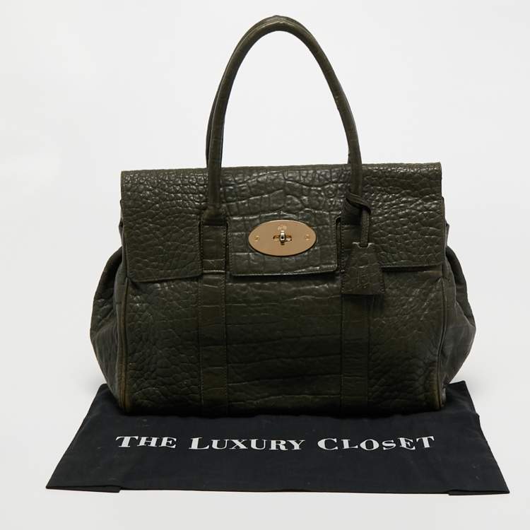 Pre Owned Mulberry Olive Green Croc Embossed Leather Bayswater Satchel