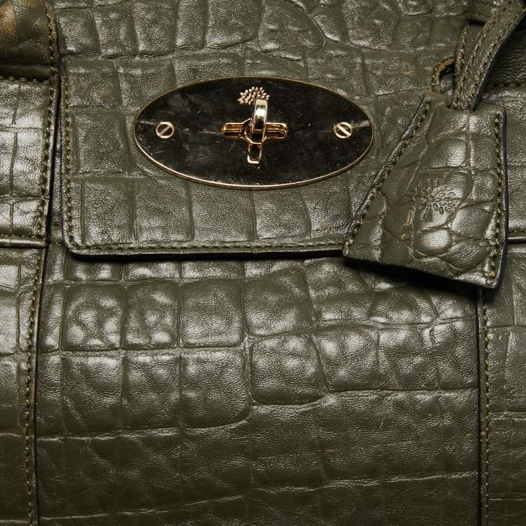 Pre Owned Mulberry Olive Green Croc Embossed Leather Bayswater Satchel