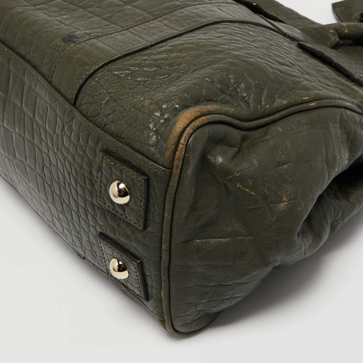Pre Owned Mulberry Olive Green Croc Embossed Leather Bayswater Satchel