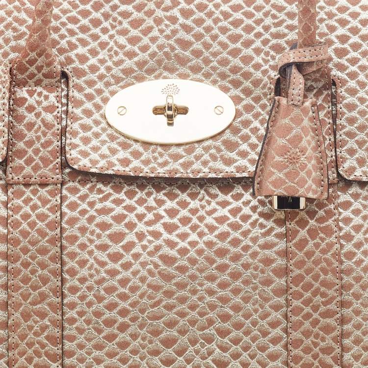 Pre Owned Mulberry Metallic Gold/Beige Snake Embossed Suede Bayswater Satchel