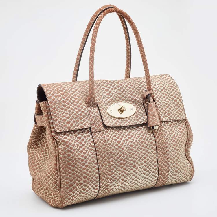 Pre Owned Mulberry Metallic Gold/Beige Snake Embossed Suede Bayswater Satchel