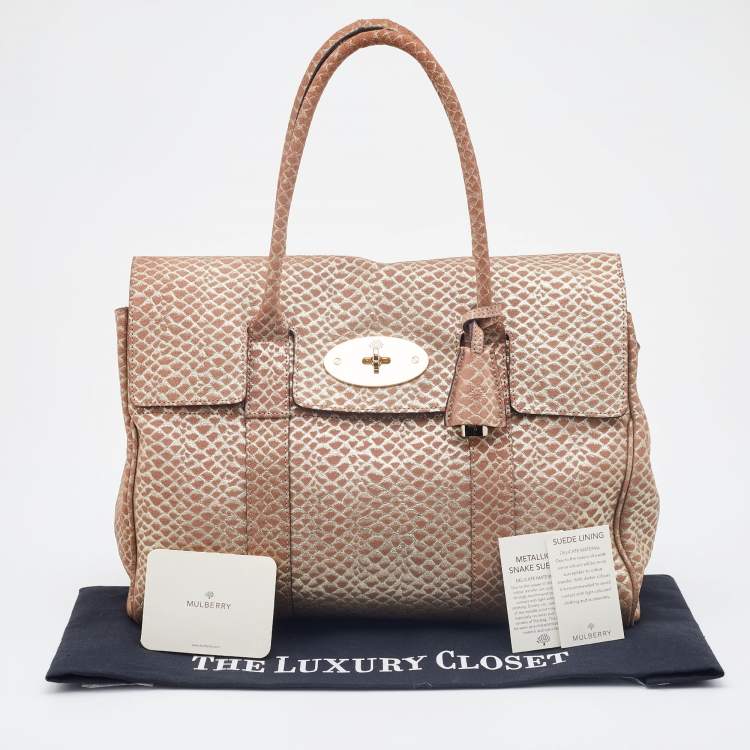 Pre Owned Mulberry Metallic Gold/Beige Snake Embossed Suede Bayswater Satchel