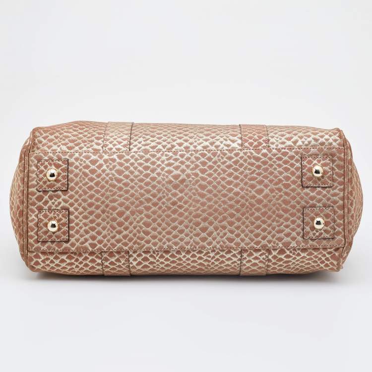 Pre Owned Mulberry Metallic Gold/Beige Snake Embossed Suede Bayswater Satchel