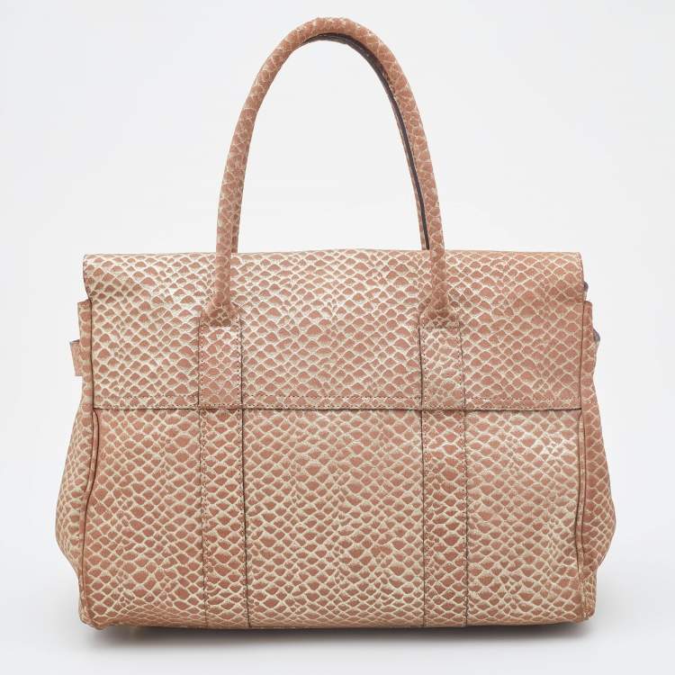 Pre Owned Mulberry Metallic Gold/Beige Snake Embossed Suede Bayswater Satchel