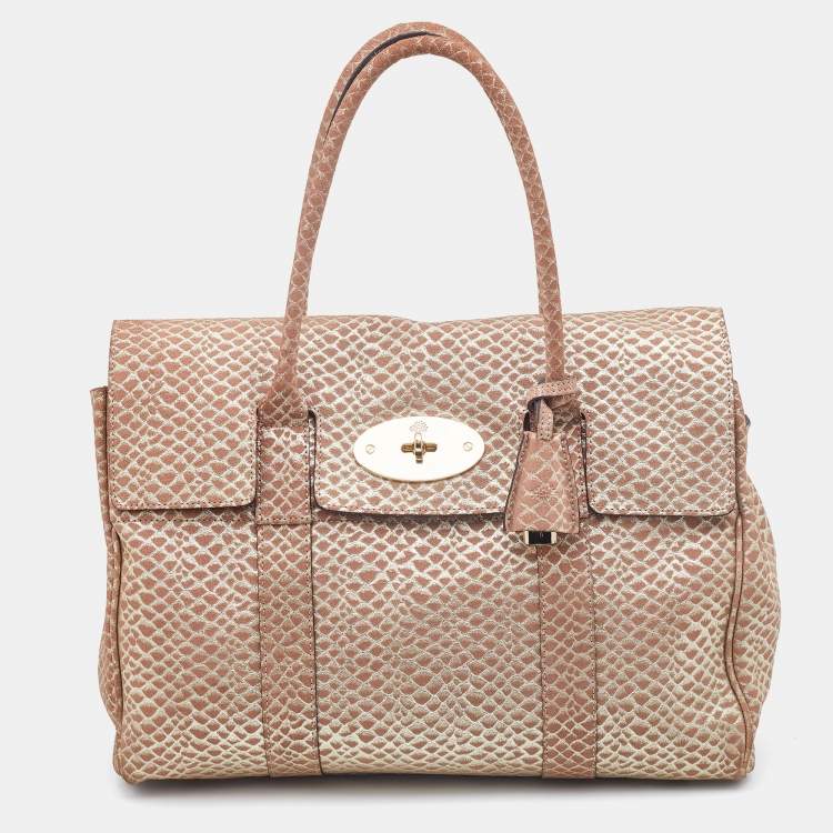 Pre Owned Mulberry Metallic Gold/Beige Snake Embossed Suede Bayswater Satchel