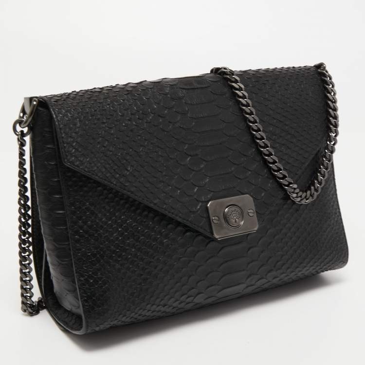 Pre Owned Mulberry Black Python Embossed Leather Delphine Chain Shoulder Bag