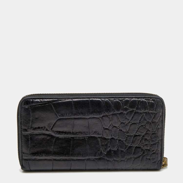 Pre Owned Mulberry Black Croc Embossed Zip Around Continental Wallet