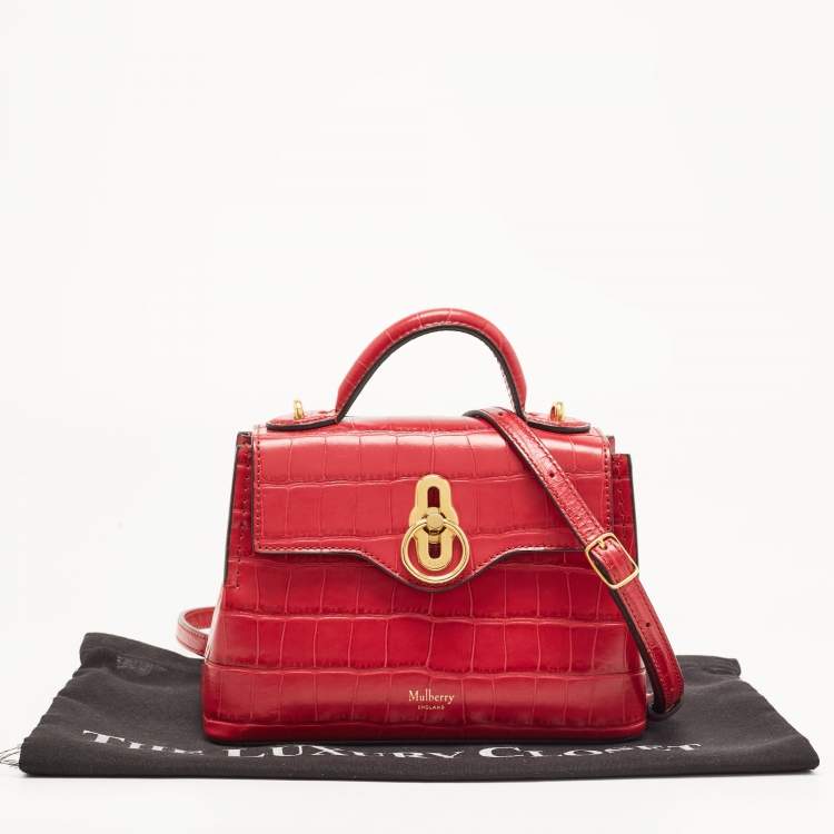 Pre Owned Mulberry Dark Pink Croc Embossed Leather Micro Seaton Top Handle Bag