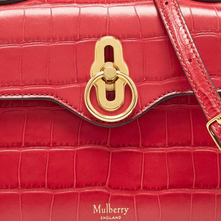 Pre Owned Mulberry Dark Pink Croc Embossed Leather Micro Seaton Top Handle Bag