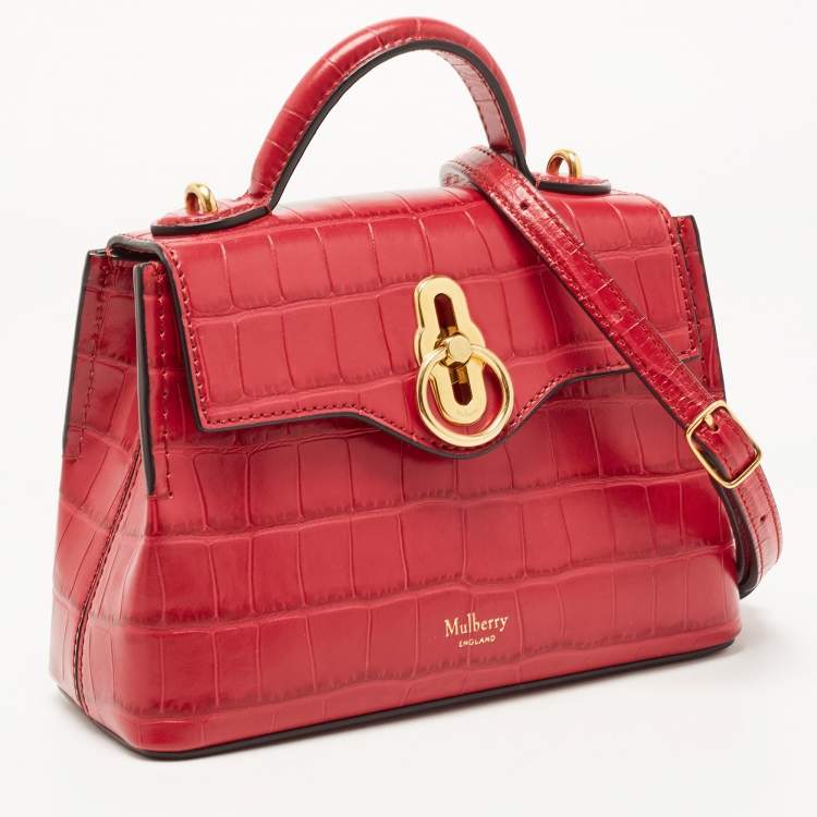 Pre Owned Mulberry Dark Pink Croc Embossed Leather Micro Seaton Top Handle Bag