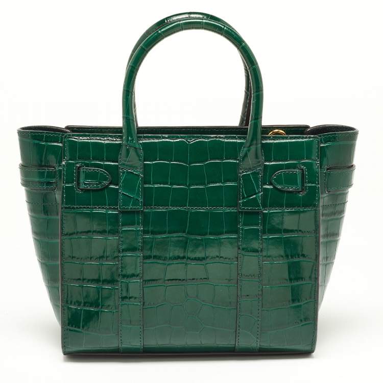 Pre Owned Mulberry Green Croc Embossed Leather Mini Zipped Bayswater Tote