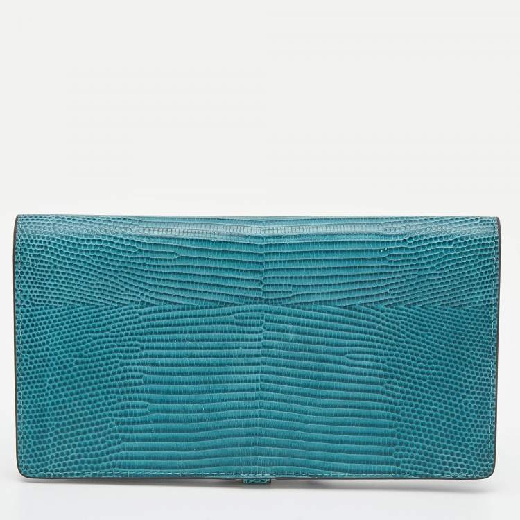 Pre Owned Mulberry Teal Lizard Embossed Leather Tree Long Wallet