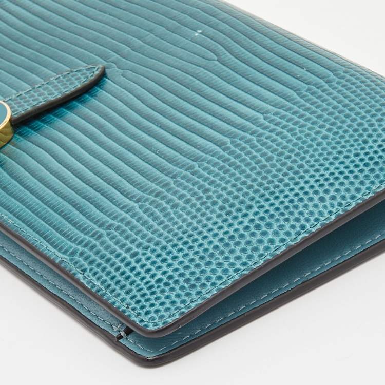 Pre Owned Mulberry Teal Lizard Embossed Leather Tree Long Wallet