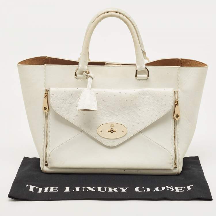Pre Owned Mulberry White Ostrich Embossed and Leather Willow Tote