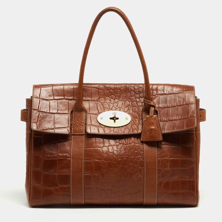 Pre Owned Mulberry Brown Croc Embossed Leather Bayswater Satchel