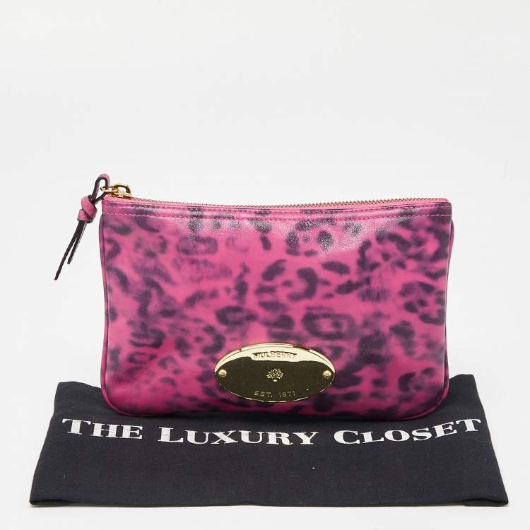 Pre Owned Mulberry Pink Leopard Print Leather Zip Pouch