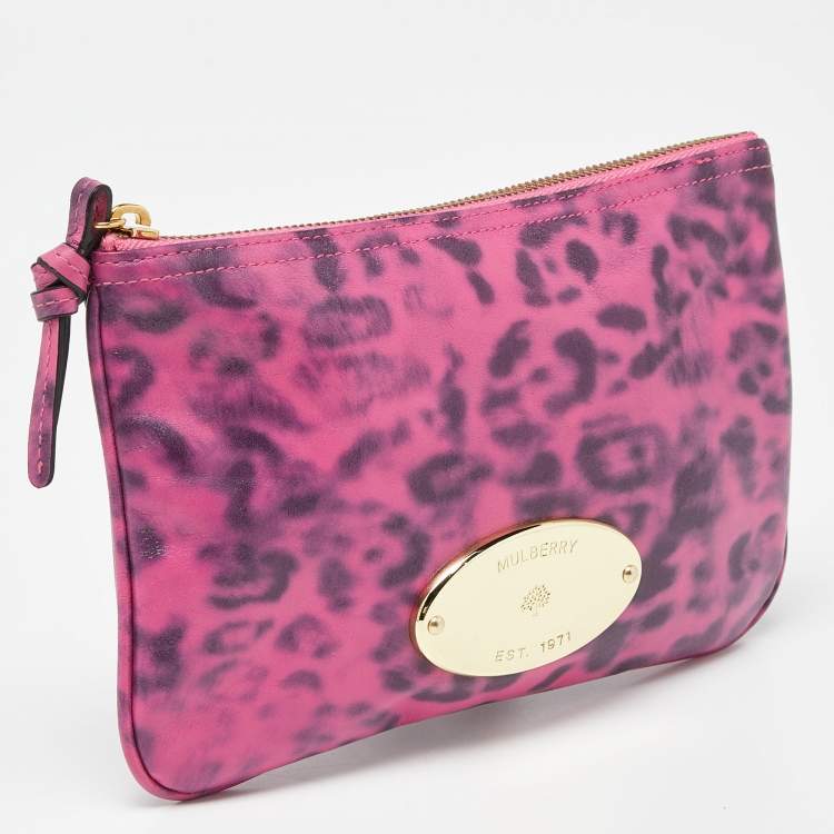 Pre Owned Mulberry Pink Leopard Print Leather Zip Pouch