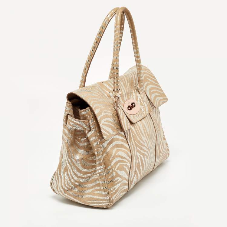 Pre Owned Mulberry Metallic Silver/Beige Zebra Leather Bayswater Satchel