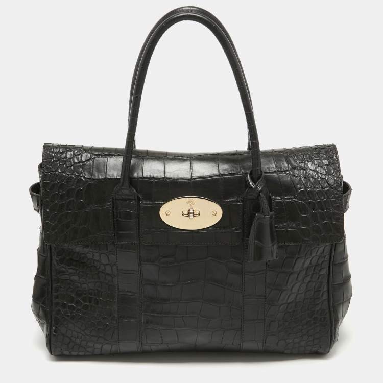 Pre Owned Mulberry Black Croc Embossed Leather Bayswater Satchel