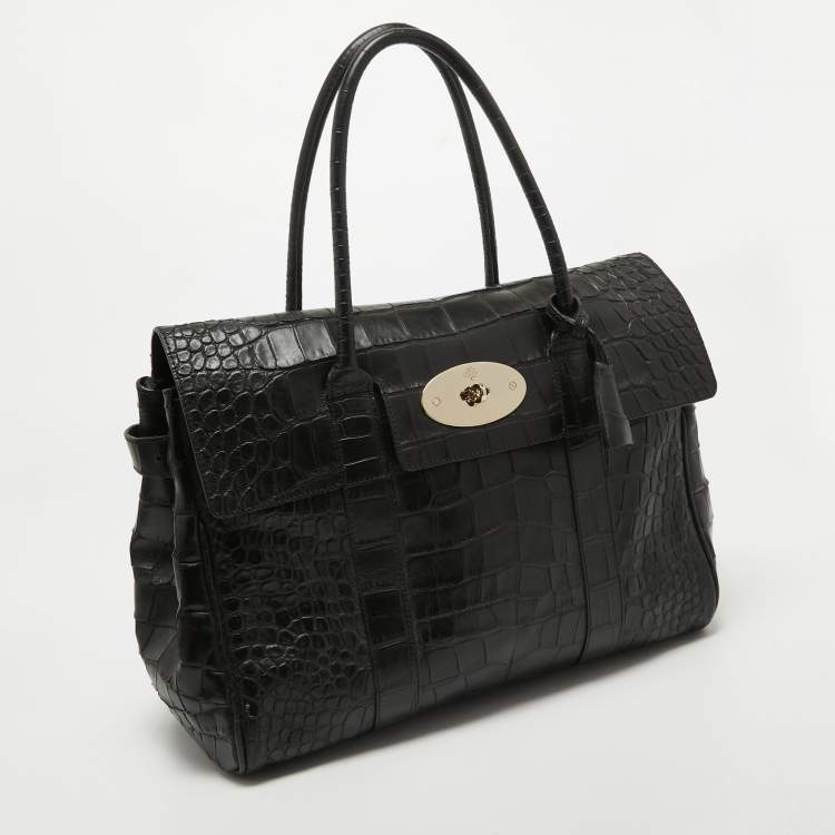 Pre Owned Mulberry Black Croc Embossed Leather Bayswater Satchel